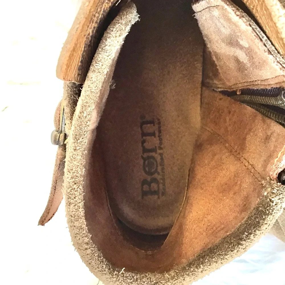 Born Brown Taupe Suede Ankle Boots with Brass Buckle Detail Woman’s Size 8
